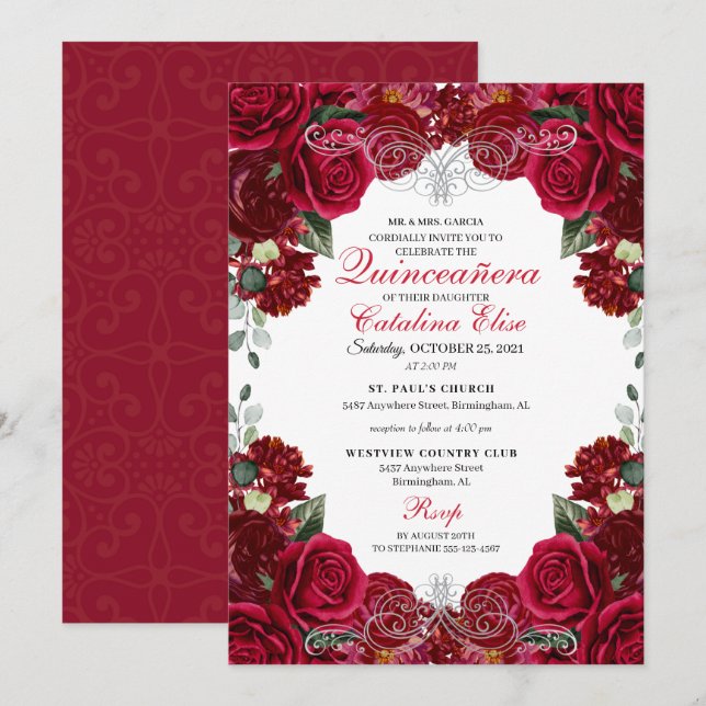 Rot und Silber Quinceanera Geburtstag Einladung (Vorne/Hinten)