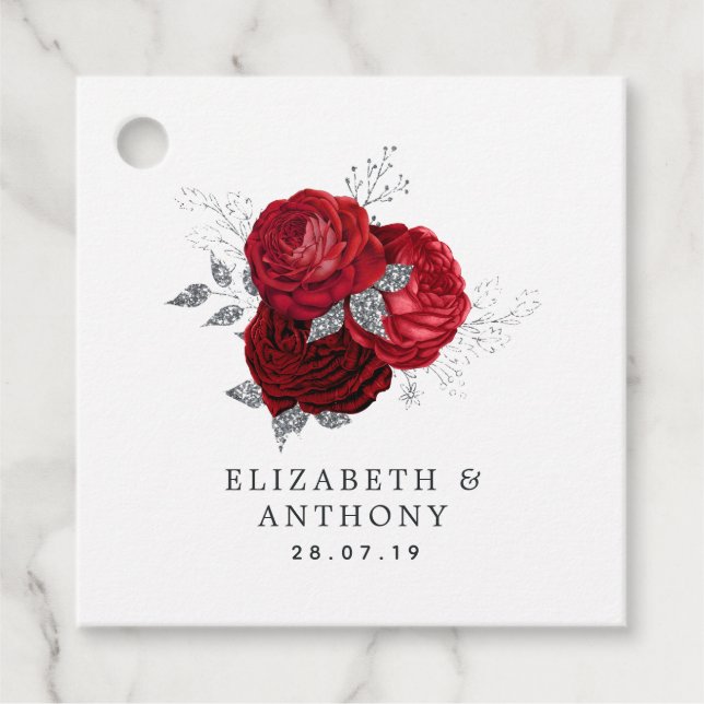 Rot und Silberner Glitzer Vintage Rose Hochzeit Geschenkanhänger (Vorderseite)