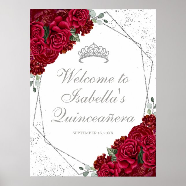 Rot und Silver Floral Quinceanera Willkommen Poster (Vorne)