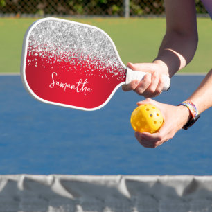 Rot und Silver Glittery Glam Script Name Pickleball Schläger