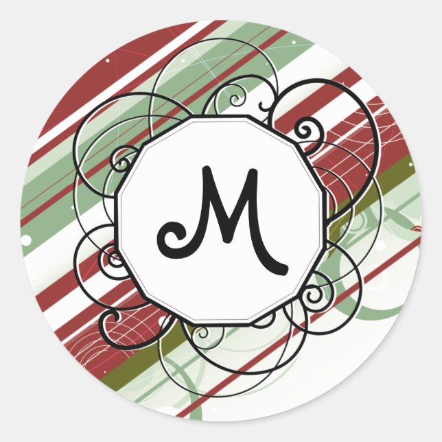 Rot und Wein Moderne Retro Streifen mit Monogramm Runder Aufkleber (Vorderseite)