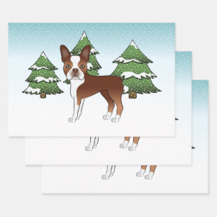 Rot und Weiß Boston Terrier in einem Winterwald Geschenkpapier Set