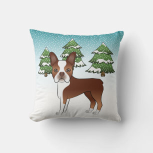 Rot und Weiß Boston Terrier in einem Winterwald Kissen