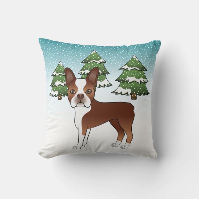 Rot und Weiß Boston Terrier in einem Winterwald Kissen (Vorderseite)