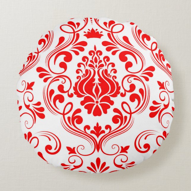 Rot und Weiß Damask Floral Elegantes Muster Rundes Kissen (Vorderseite)