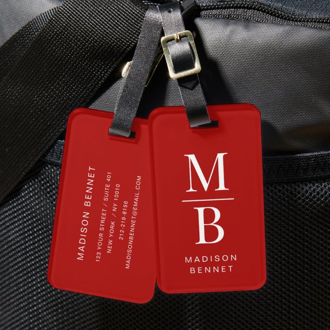 Rot und weiß, elegant gepäckanhänger (Elegant Monogram Red And White Luggage Tag)