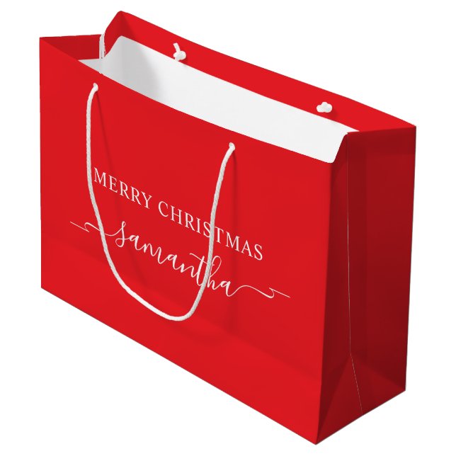 Rot und Weiß Frohe Weihnachtsblume Name Große Geschenktüte (Vorderseite Schrägansicht)