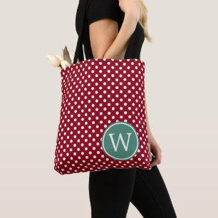 Rot und Weiß gepunktet mit tiefem Teal-Monogramm Tasche