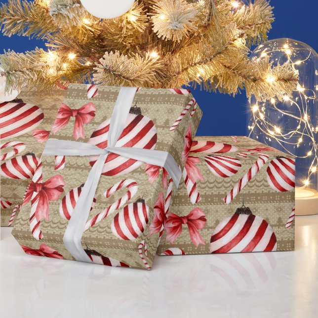 Rot und weiß gestreifte Kanistchen und Bälle Geschenkpapier (Feiertage)