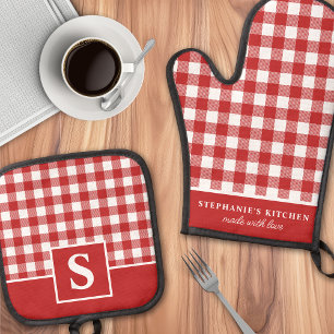 Rot und Weiß Gingham Kariert geprüft Mit Monogramm Ofenhandschuh & Topflappen-Set