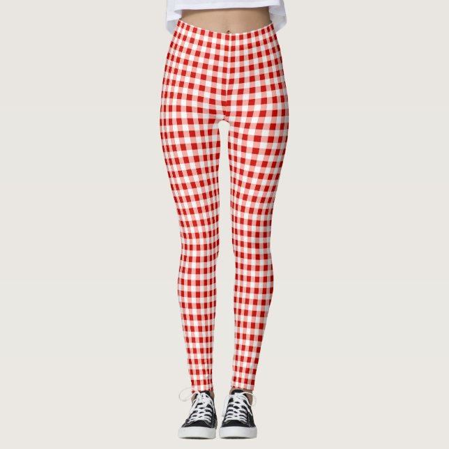 Rot und Weiß Gingham Kariert Print Leggings (Vorderseite)
