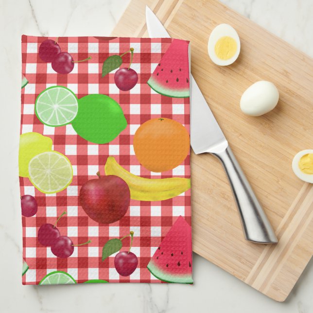 Rot und Weiß Gingham Karo Frucht Muster Geschirrtuch (Viertel Falte)