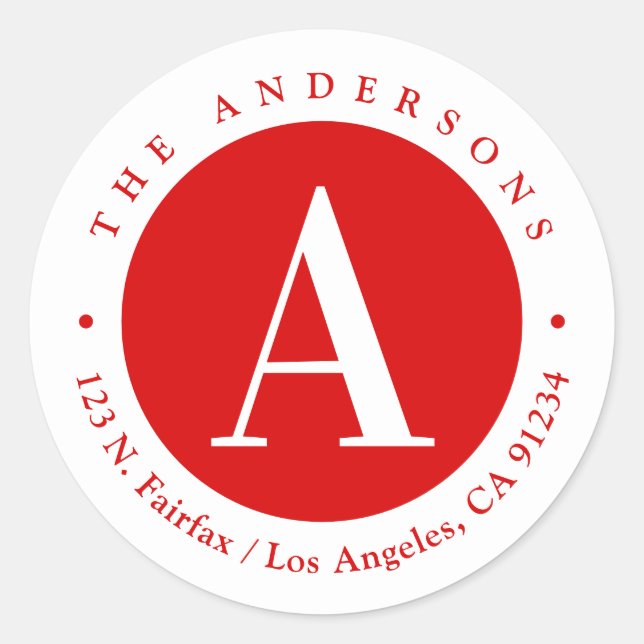 Rot und Weiß | Monogramm-Rücksendeadresse Runder Aufkleber (Vorderseite)