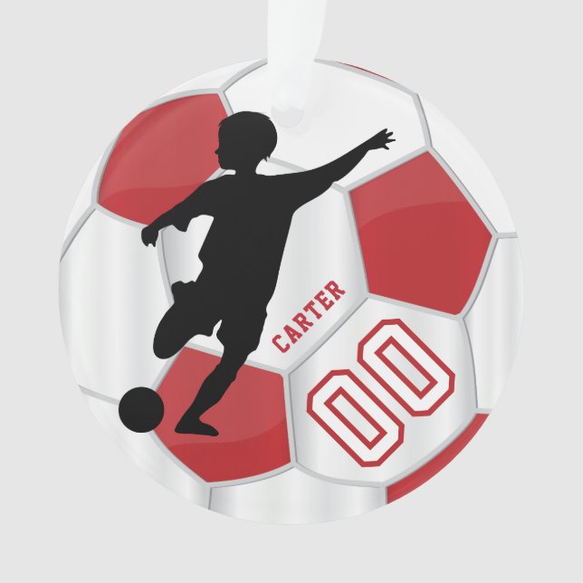 Rot und Weiß personalisieren Boy Soccer Player Ornament (Vorderseite)