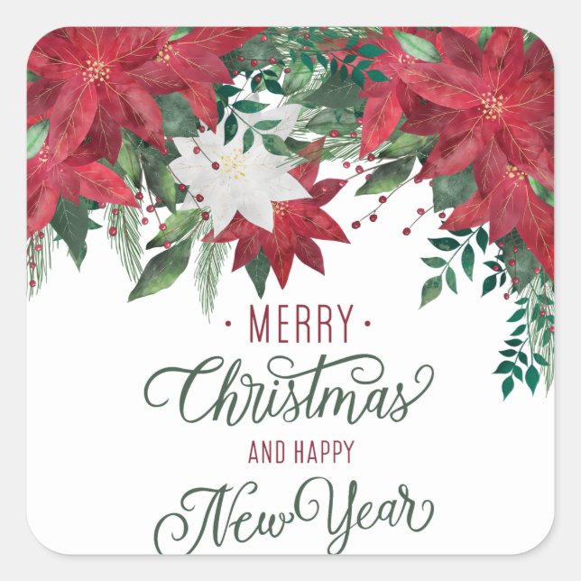 Rot und Weiß Poinsettia Bouquet Quadratischer Aufkleber (Vorderseite)