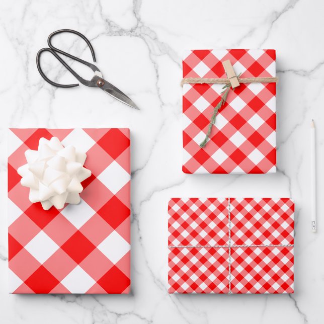 Rot und Weiß Unterschiedliche Größen diag. Gingham Geschenkpapier Set (Vorderseite)