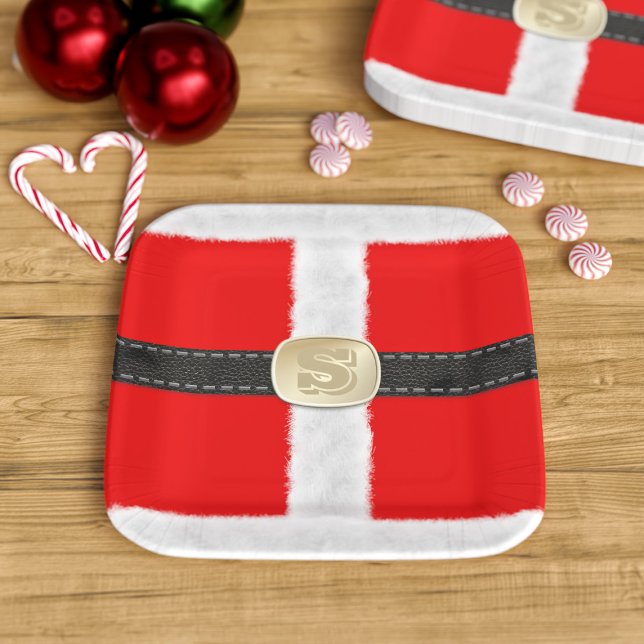 Rot und Weiß Weihnachtsfest 🎅 Weihnachtsfeiertag  Pappteller (Fun and festive paper plates for your Santa Party. Just add your initial to his belt)