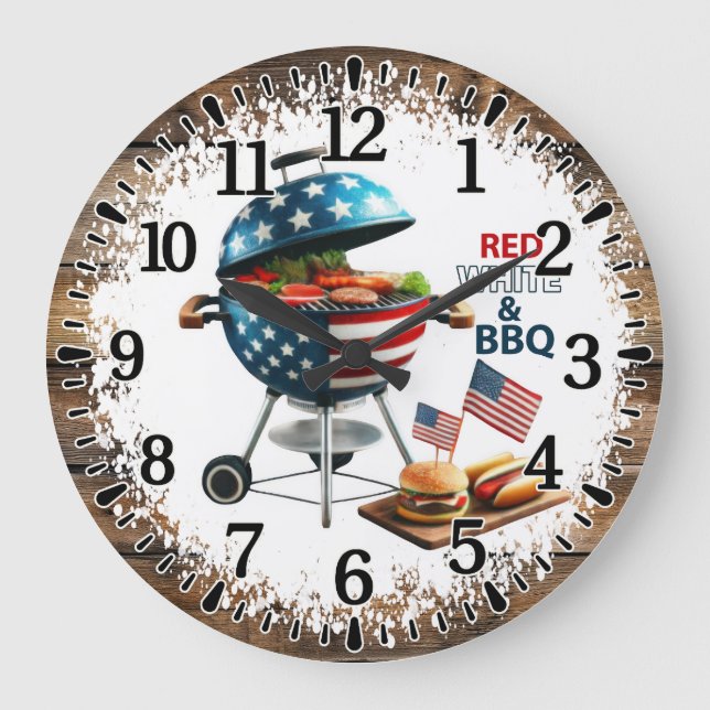 Rot Weiß & BBQ Große Wanduhr (Vorderseite)