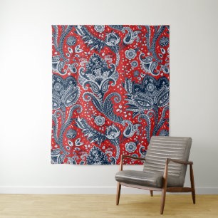 Rot Weiß & Blau Floral Paisley Bohemian Boho Wandteppich