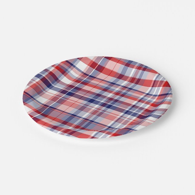 Rot, Weiß, Blau Preppy Madras Kariert Pappteller (Schrägansicht)