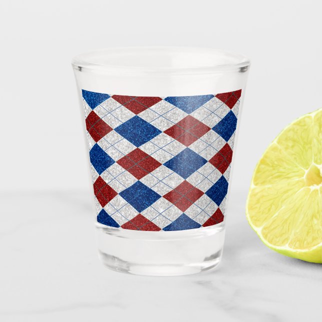 Rot, Weiß, Blaue Raute 4. Juli Glitzer Schnapsglas (Vorderseite)