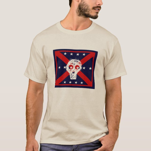 Rot, Weiß, blaue Schädelpiratflagge Grauer T - Shi T-Shirt (Vorderseite)