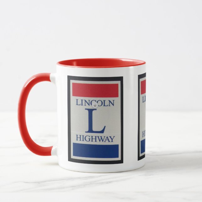 Rot, Weiß, Blauer Lincoln HIghway-Zeichen Tasse (Links)