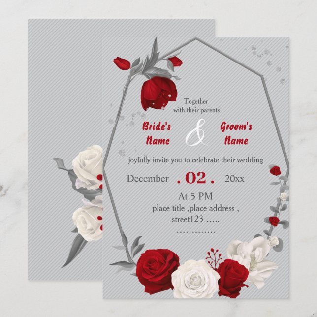 Rot-Weiß-Blume botanische geometrische Hochzeit Einladung (Vorne/Hinten)