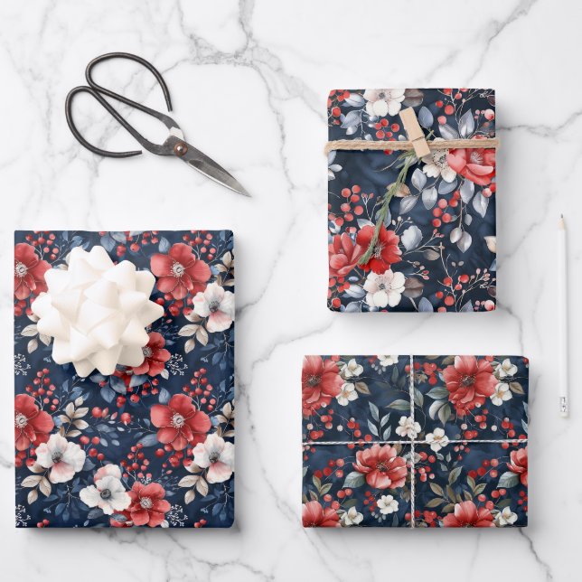Rot-Weiß-Blumenmuster auf Deep Navy Geschenkpapier Set (Vorderseite)