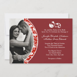 Rot-Weiß-Damast-Foto Hochzeit Einladung