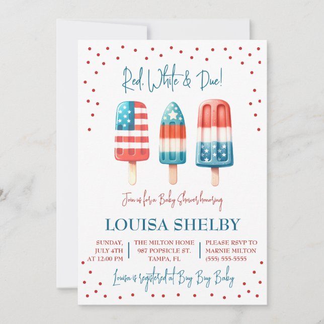 Rot, Weiß & Due! Patriotic Popsicle Baby Dusche Einladung (Vorderseite)