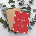 Rot-Weiß-Geburtstag Einladung<br><div class="desc">Modernes, elegantes und einladendes Hotel. Ein roter Hintergrund mit weißem Rahmen. Personalisieren und fügen Sie einen Namen und Details. Weißer Text.</div>