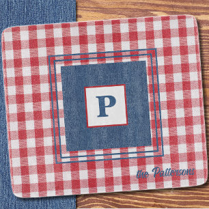 Rot-Weiß Gingham-Karo, Blaues Denim-Glas Schneidebrett