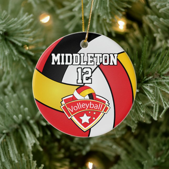 Rot, Weiß, Gold und Black Volleyball Keramik Ornament (Baum)