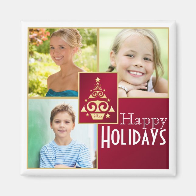 Rot, Weiß, Gold Weihnachtsbaum Foto Magnet (Vorne)