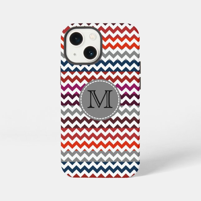 Rot Weiß Grau Chevron Zickzack Monogramm iPhone 13 Mini Hülle (Rückseite)