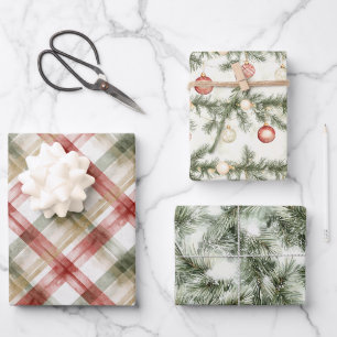 Rot Weiß Grün Karierter Streifen Weihnachtsbaum Geschenkpapier Set