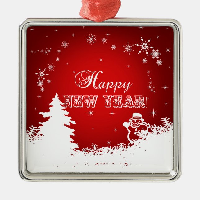 Rot-Weiß-Happy-Neujahrstypografie Silbernes Ornament (Vorne)