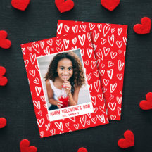 Rot + Weiß Herz Valentins-Klassenfoto-Karte