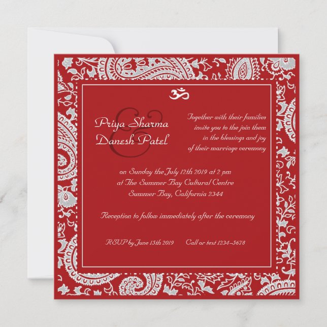 Rot-Weiß-Indianerdamast Hindu Hochzeit Einladung (Vorderseite)