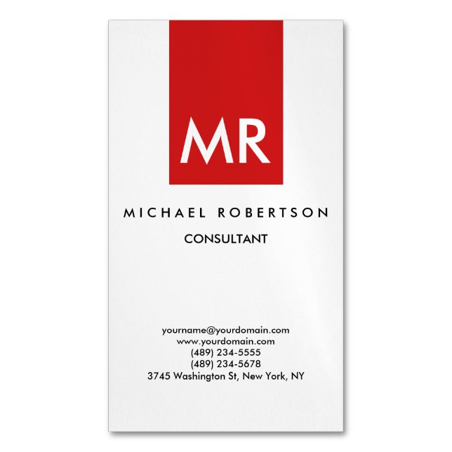 Rot-weiß-Monogramm-Elegant einzigartig Magnetische Visitenkarte (Vorderseite Vertikal)