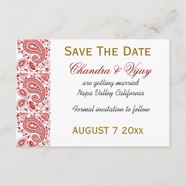 Rot-Weiß-Paisley Save the Date Hochzeit (Vorderseite)