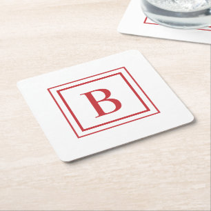 Rot-Weiß-Quadrat-Rahmen-Monogramm Rechteckiger Pappuntersetzer