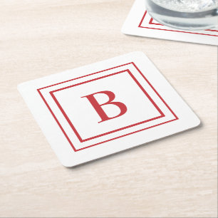 Rot-Weiß-Quadrat-Rahmen-Monogramm Rechteckiger Pappuntersetzer