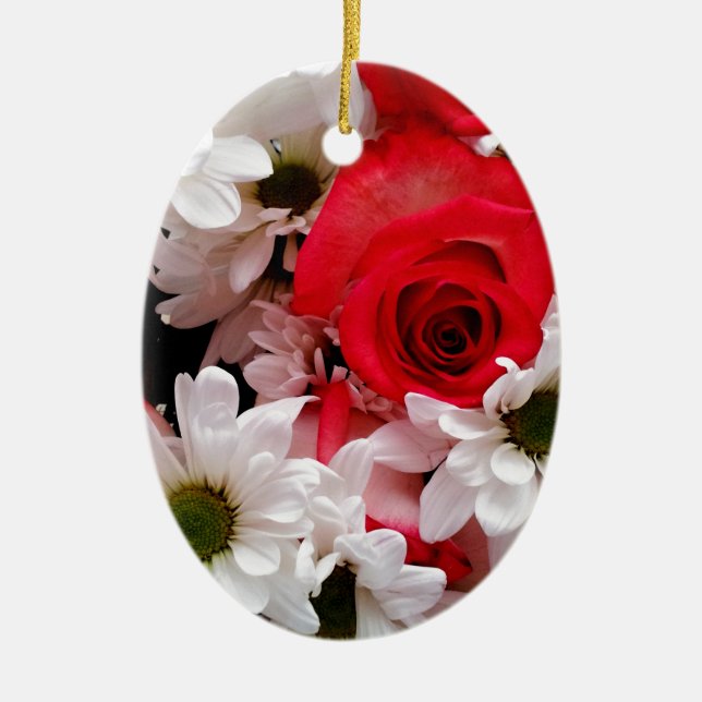 Rot-Weiß-Rose-Daisies-Bouquet-Oval-Ornament Keramik Ornament (Vorne)