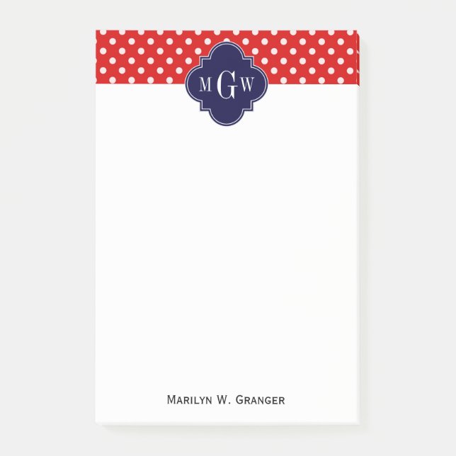 Rot Weiß Tupfen Navy Vierpass 3 Monogramm Post-it Klebezettel (Vorderseite)