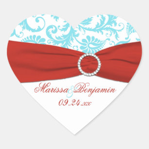 Rot, Weiß und Aqua Damask Herzform Sticker