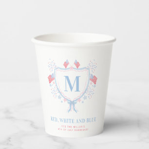 Rot, Weiß und Blau 4. Juli GRILLEN Monogram Wappen Pappbecher