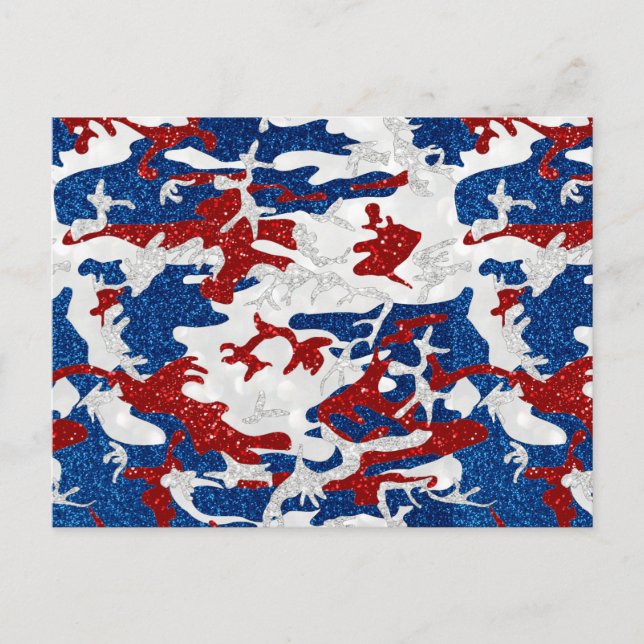 Rot, Weiß und Blau Camouflage 4. Juli Glitzer Postkarte (Vorderseite)