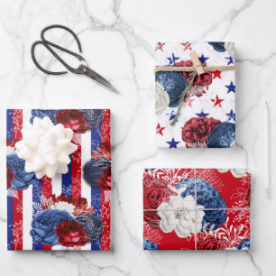 Rot, Weiß und Blau Florales USA-Muster Geschenkpapier Set